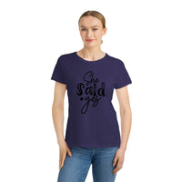 Printify model wearing eco-friendly women's engagement shirt navy tee with She said yes script print