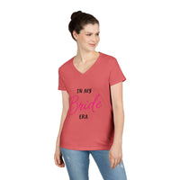Printify coral V neck womens t shirt with In My Bride Era script worn by model with jeans eco-friendly bride t-shirt