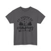 Printify gray crew neck eco-friendly camping t-shirt with black mountain tent trees graphic and arrow