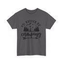 Printify gray crew neck eco-friendly camping t-shirt with black mountain tent trees graphic and arrow
