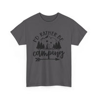 Printify gray crew neck eco-friendly camping t-shirt with black mountain tent trees graphic and arrow