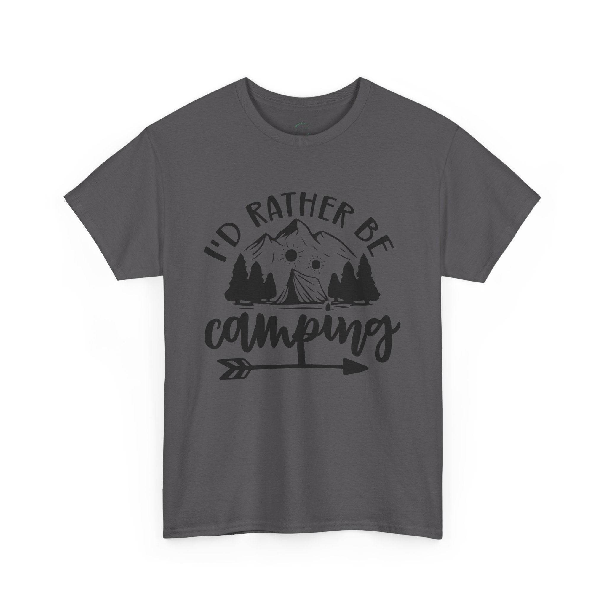 Printify gray crew neck eco-friendly camping t-shirt with black mountain tent trees graphic and arrow