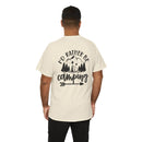 Printify beige unisex eco-friendly camping t-shirt with back graphic Id Rather Be Camping mountains tent arrow