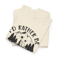 Printify eco-friendly camping t-shirt natural cream folded showing mountain and trees graphic and id rather be slogan