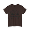 Printify brown tshirt with mountain and forest graphic reading I would rather be camping arrow design eco-friendly camping t-shirt