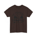 Printify brown tshirt with mountain and forest graphic reading I would rather be camping arrow design eco-friendly camping t-shirt