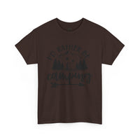 Printify brown tshirt with mountain and forest graphic reading I would rather be camping arrow design eco-friendly camping t-shirt