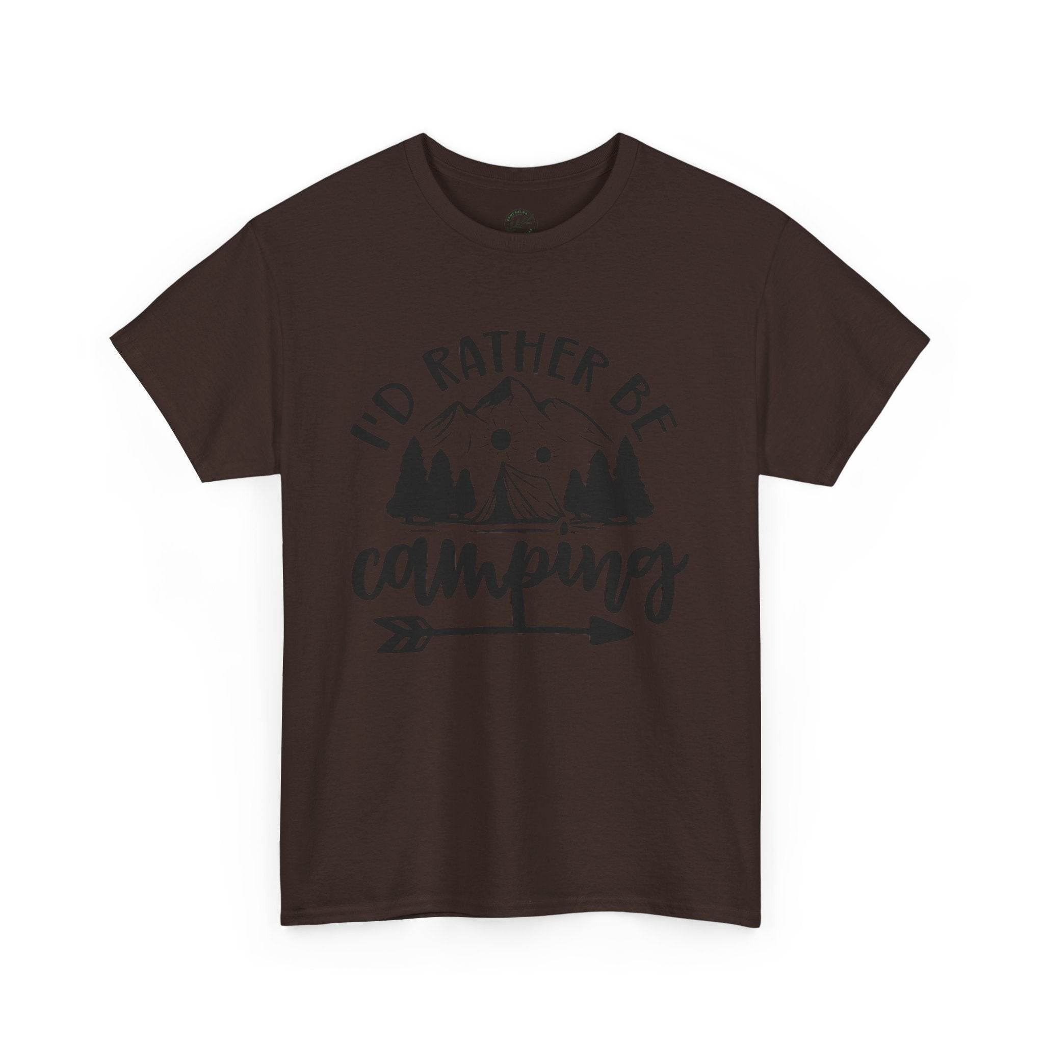 Printify brown tshirt with mountain and forest graphic reading I would rather be camping arrow design eco-friendly camping t-shirt