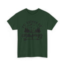 Printify dark green eco-friendly camping t-shirt with Id Rather Be Camping mountain trees tent graphic
