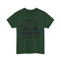Printify dark green eco-friendly camping t-shirt with Id Rather Be Camping mountain trees tent graphic