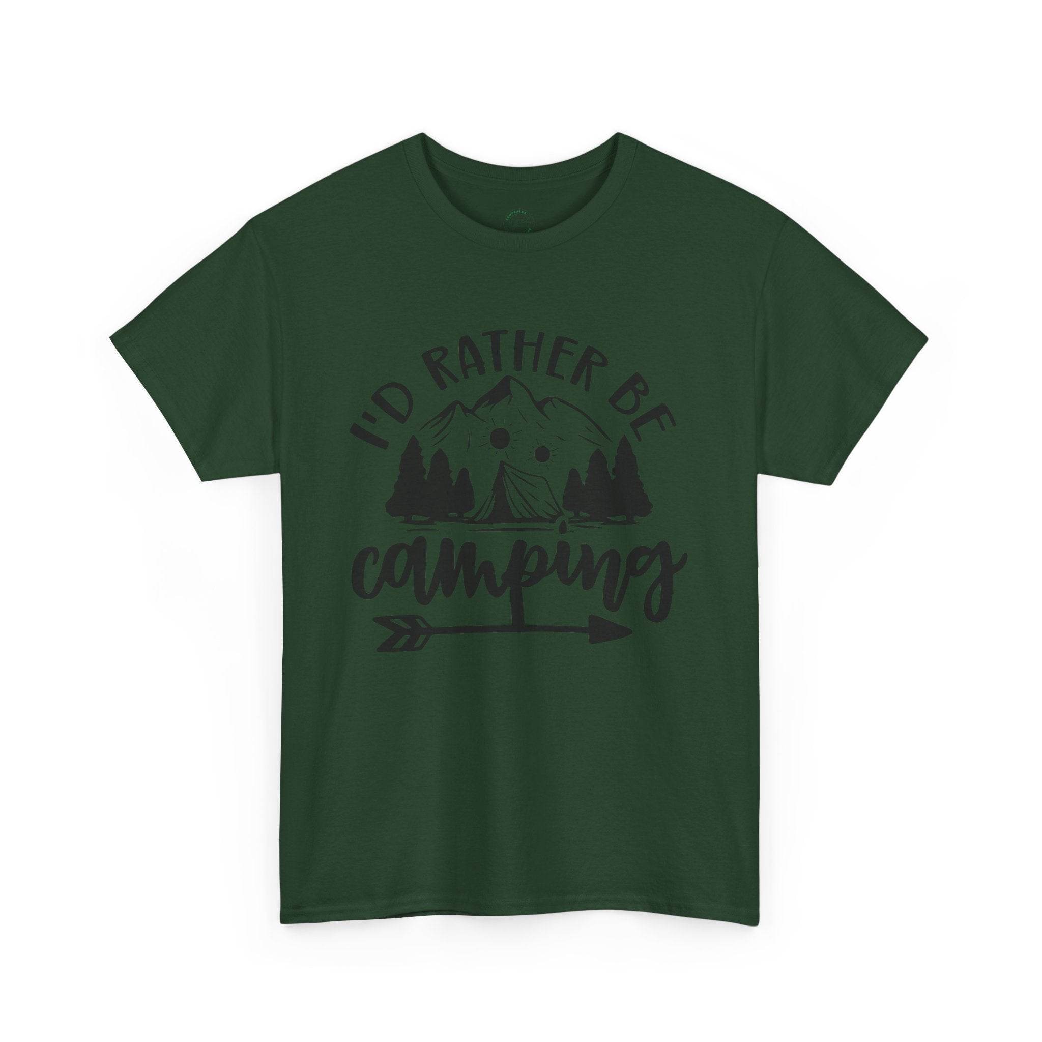 Printify dark green eco-friendly camping t-shirt with Id Rather Be Camping mountain trees tent graphic