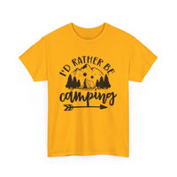 Yellow Printify eco-friendly camping t-shirt with black I'd rather be camping design featuring tent mountains trees and arrow
