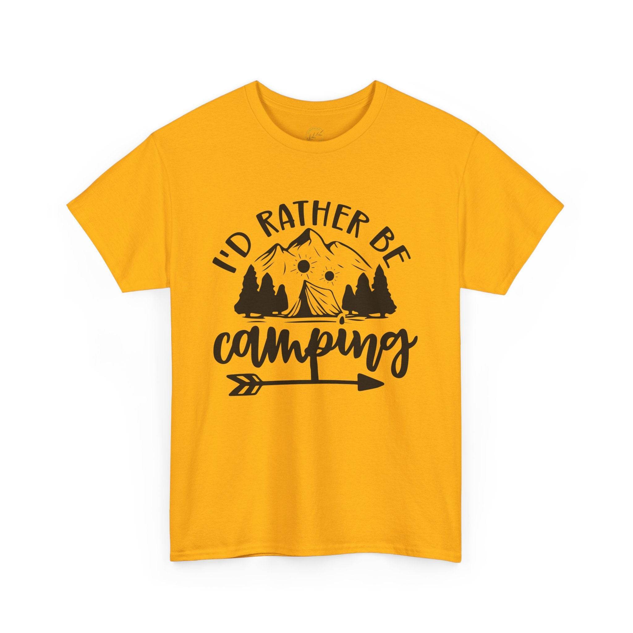 Yellow Printify eco-friendly camping t-shirt with black I'd rather be camping design featuring tent mountains trees and arrow