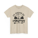 Printify beige tee with black Id rather be camping mountain tent and trees graphic eco-friendly camping t-shirt