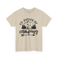 Printify beige tee with black Id rather be camping mountain tent and trees graphic eco-friendly camping t-shirt