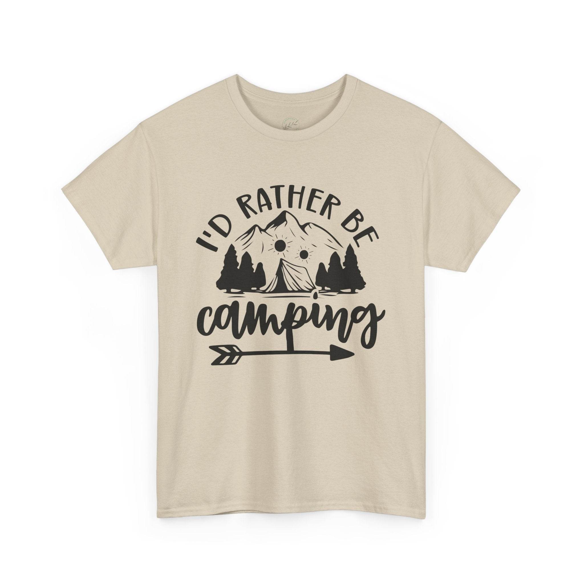 Printify beige tee with black Id rather be camping mountain tent and trees graphic eco-friendly camping t-shirt