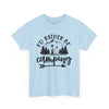 eco-friendly camping t-shirt light blue crewneck with black Id rather be camping graphic mountains trees tent and arrow