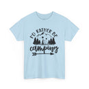 eco-friendly camping t-shirt light blue crewneck with black Id rather be camping graphic mountains trees tent and arrow