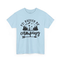 eco-friendly camping t-shirt light blue crewneck with black Id rather be camping graphic mountains trees tent and arrow