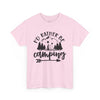Printify light pink tee with Id rather be camping mountain tent trees and arrow graphic eco-friendly camping t-shirt