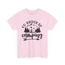Printify light pink tee with Id rather be camping mountain tent trees and arrow graphic eco-friendly camping t-shirt