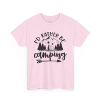 Printify light pink tee with Id rather be camping mountain tent trees and arrow graphic eco-friendly camping t-shirt