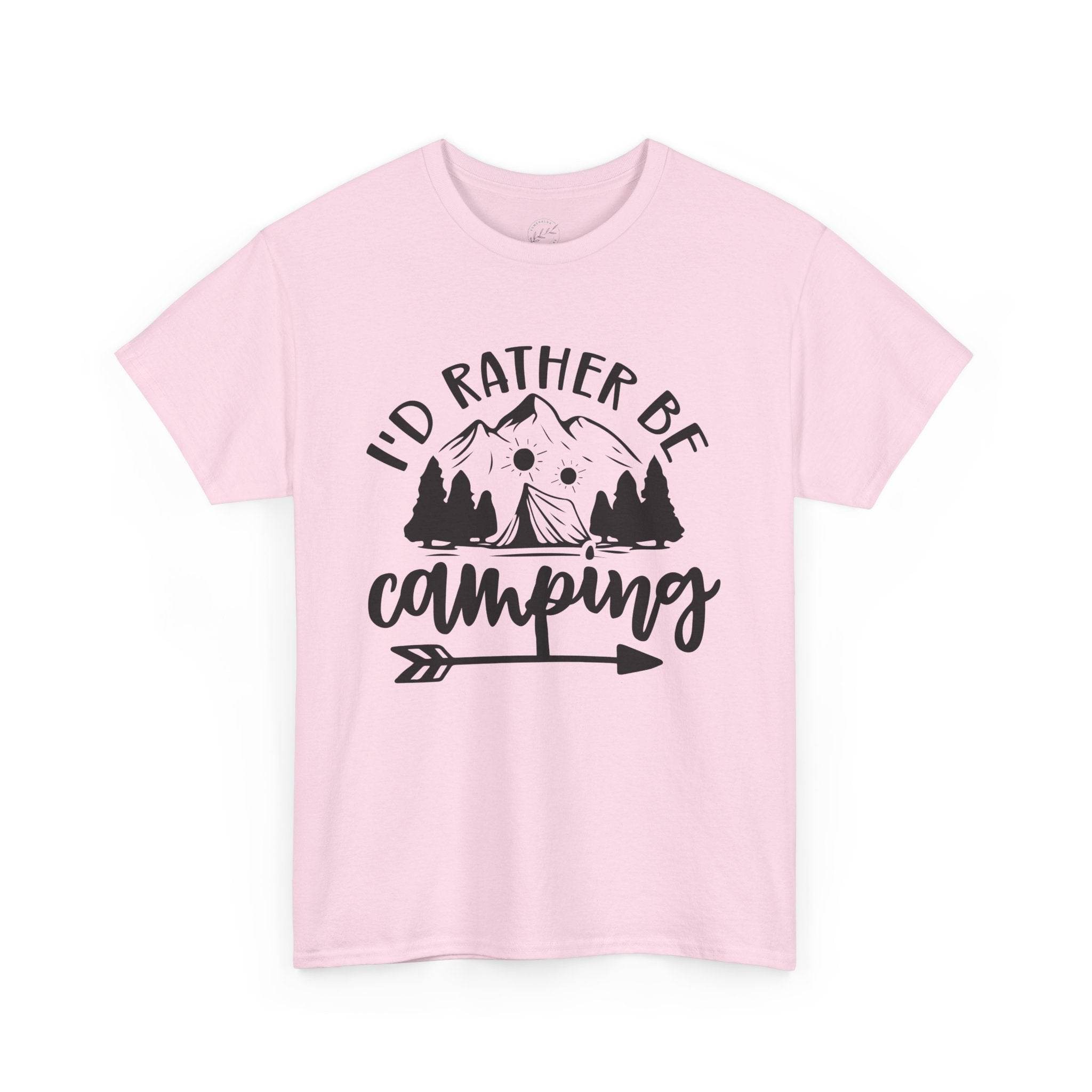 Printify light pink tee with Id rather be camping mountain tent trees and arrow graphic eco-friendly camping t-shirt