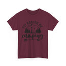 Printify maroon crewneck eco-friendly camping t-shirt with black mountain tent trees and arrow graphic