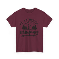 Printify maroon crewneck eco-friendly camping t-shirt with black mountain tent trees and arrow graphic