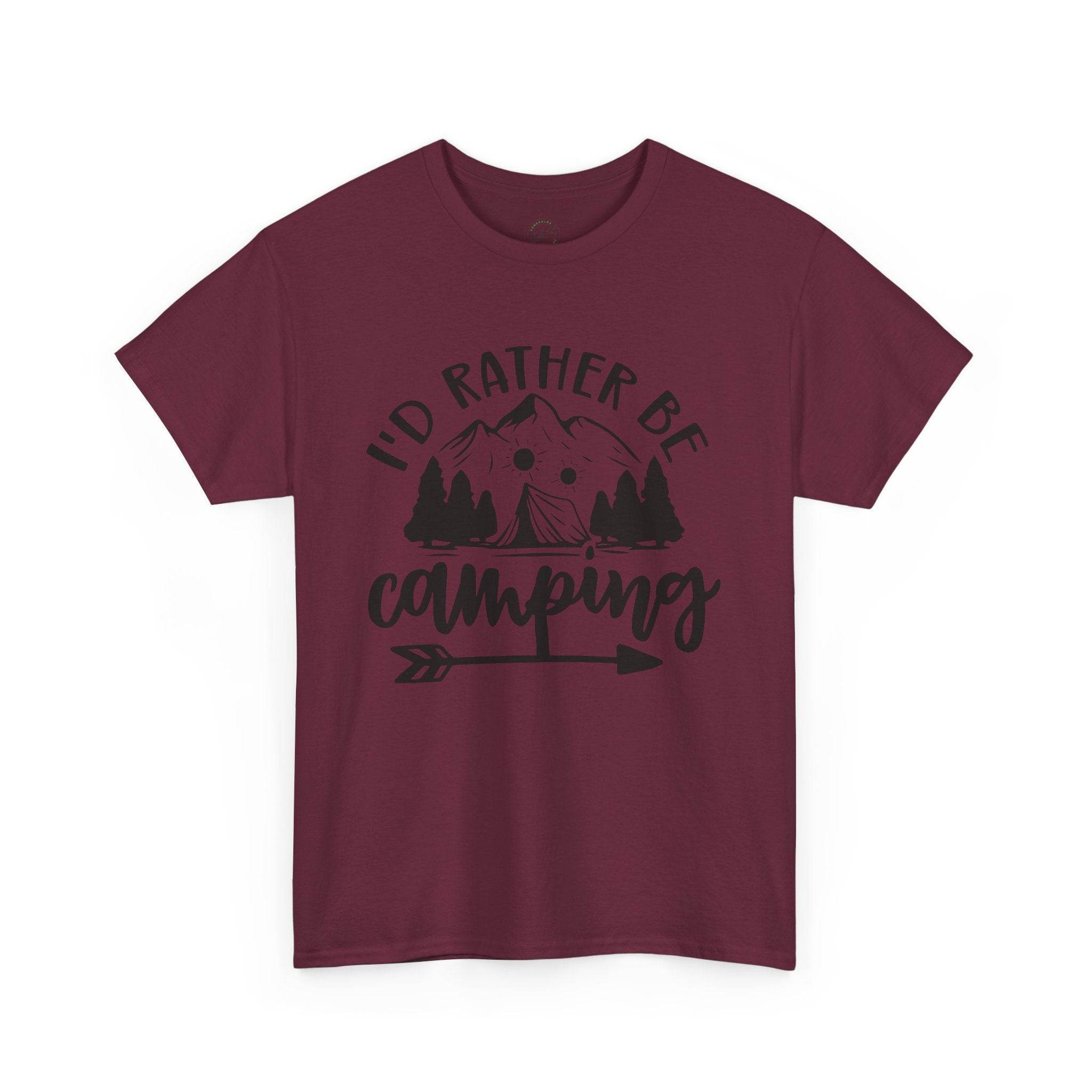 Printify maroon crewneck eco-friendly camping t-shirt with black mountain tent trees and arrow graphic