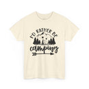 Printify eco-friendly camping t-shirt cream speckled with black mountains tent trees Id Rather Be Camping design