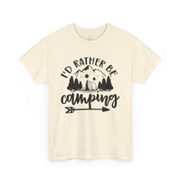 Printify eco-friendly camping t-shirt cream speckled with black mountains tent trees Id Rather Be Camping design