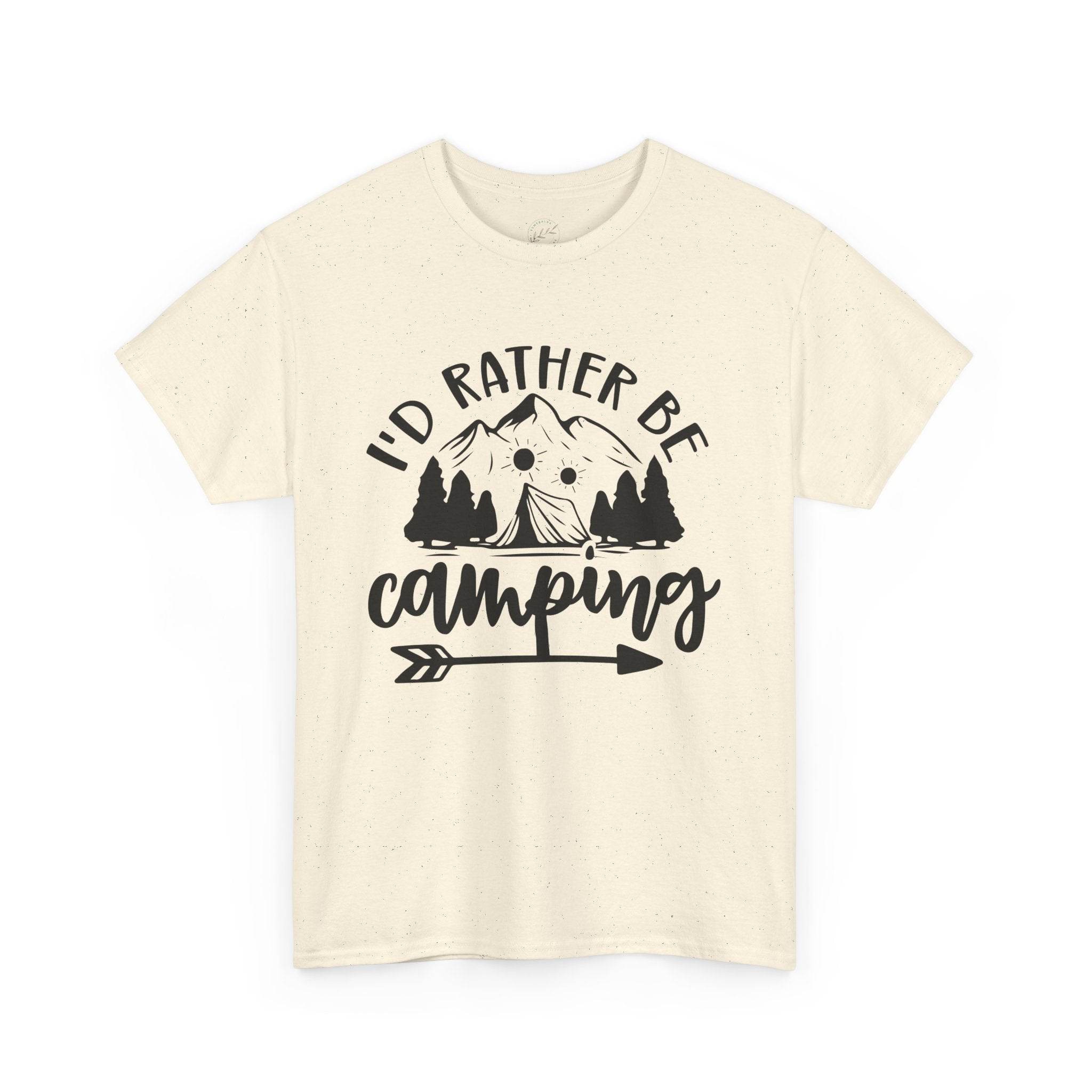 Printify eco-friendly camping t-shirt cream speckled with black mountains tent trees Id Rather Be Camping design