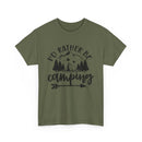 Printify olive green eco-friendly camping t-shirt featuring Id Rather Be Camping tent mountain and trees graphic
