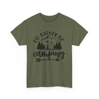 Printify olive green eco-friendly camping t-shirt featuring Id Rather Be Camping tent mountain and trees graphic