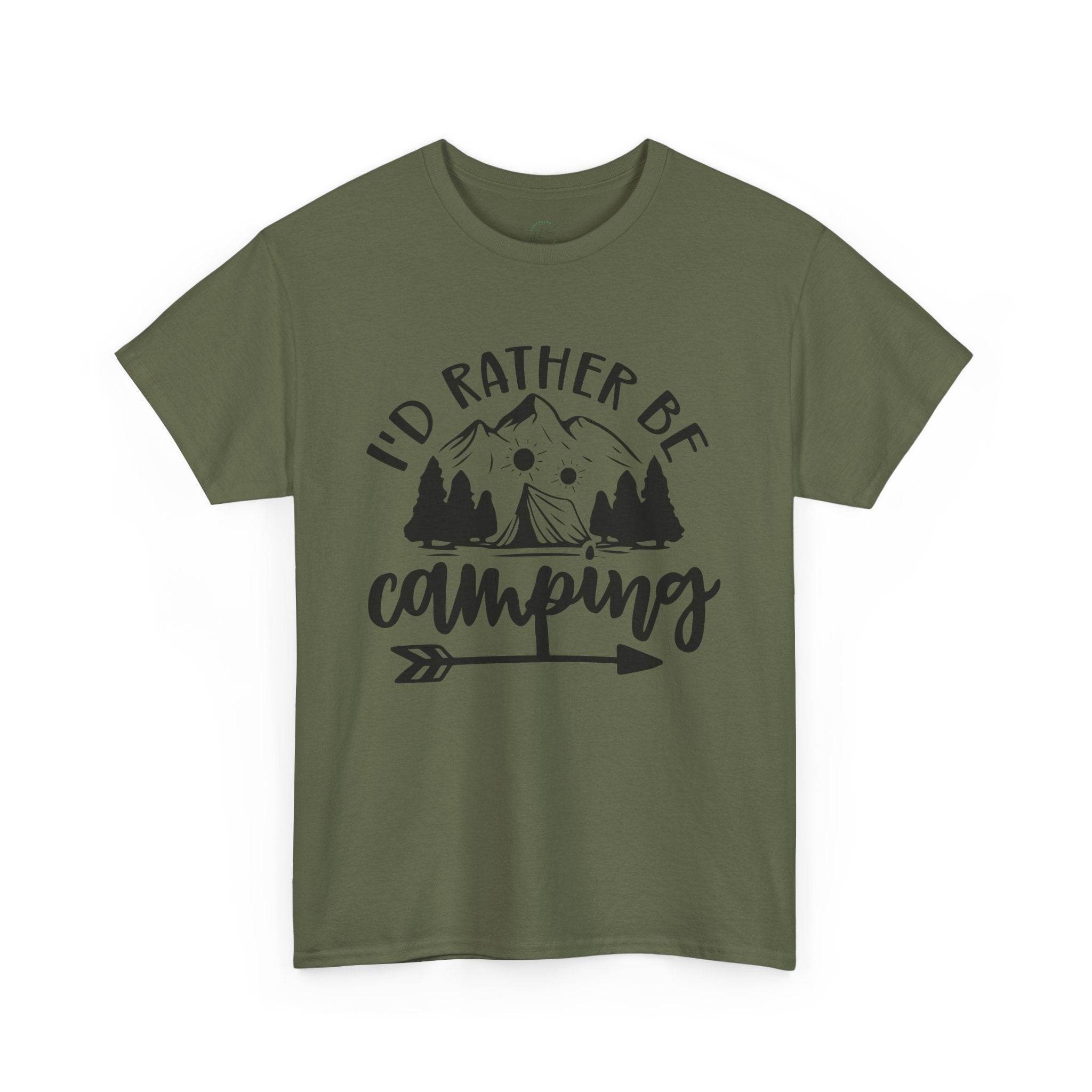 Printify olive green eco-friendly camping t-shirt featuring Id Rather Be Camping tent mountain and trees graphic