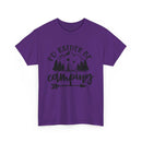 Printify purple t-shirt with black mountain tent trees arrow Id Rather Be Camping graphic eco-friendly camping t-shirt