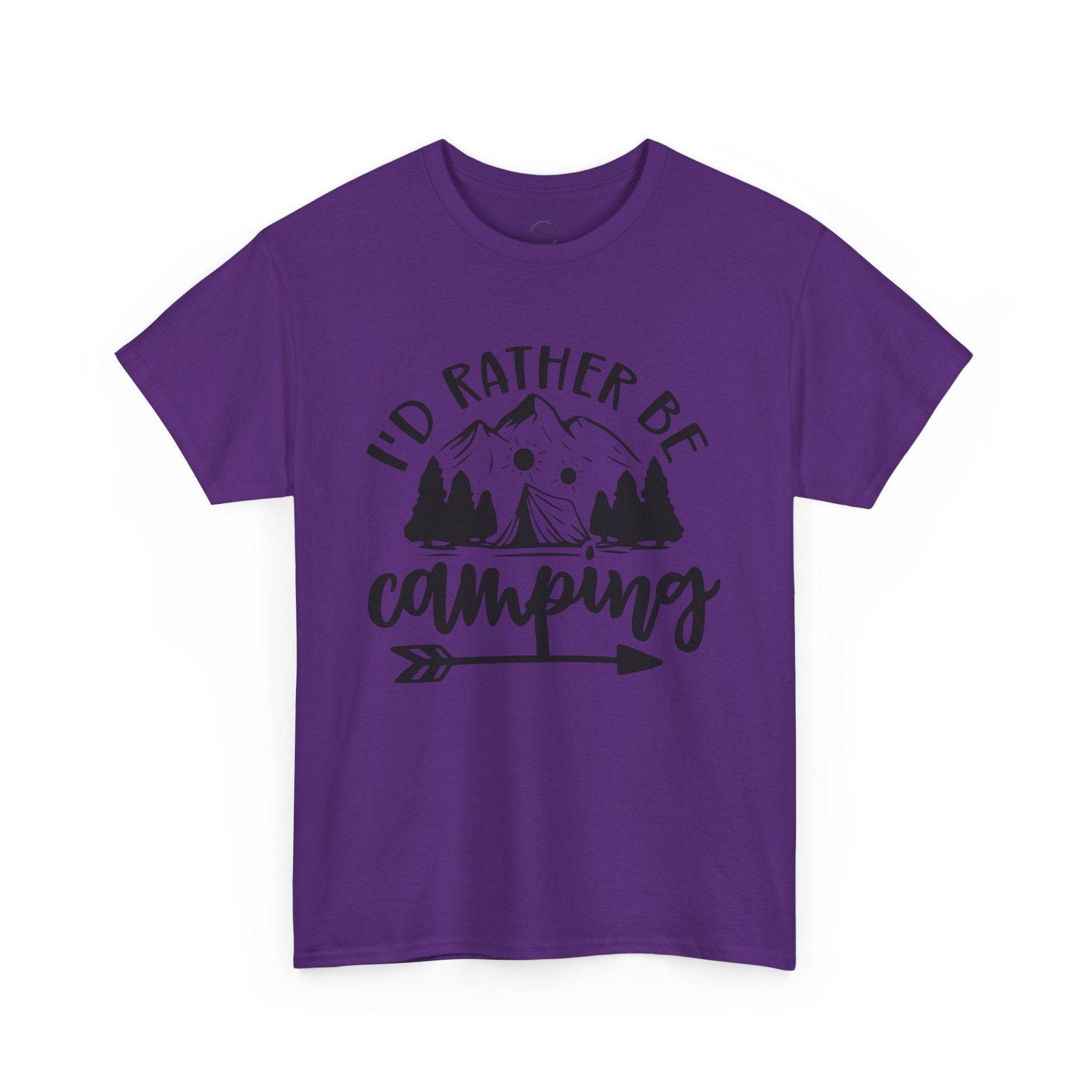 Printify purple t-shirt with black mountain tent trees arrow Id Rather Be Camping graphic eco-friendly camping t-shirt