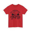 Red Printify t shirt with black mountain tent and trees graphic and I would rather be camping text eco-friendly camping t-shirt