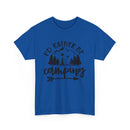 Printify blue crew neck eco-friendly camping t-shirt with black mountain tent and trees graphic reading I would rather be camping
