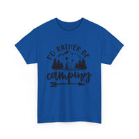 Printify blue crew neck eco-friendly camping t-shirt with black mountain tent and trees graphic reading I would rather be camping