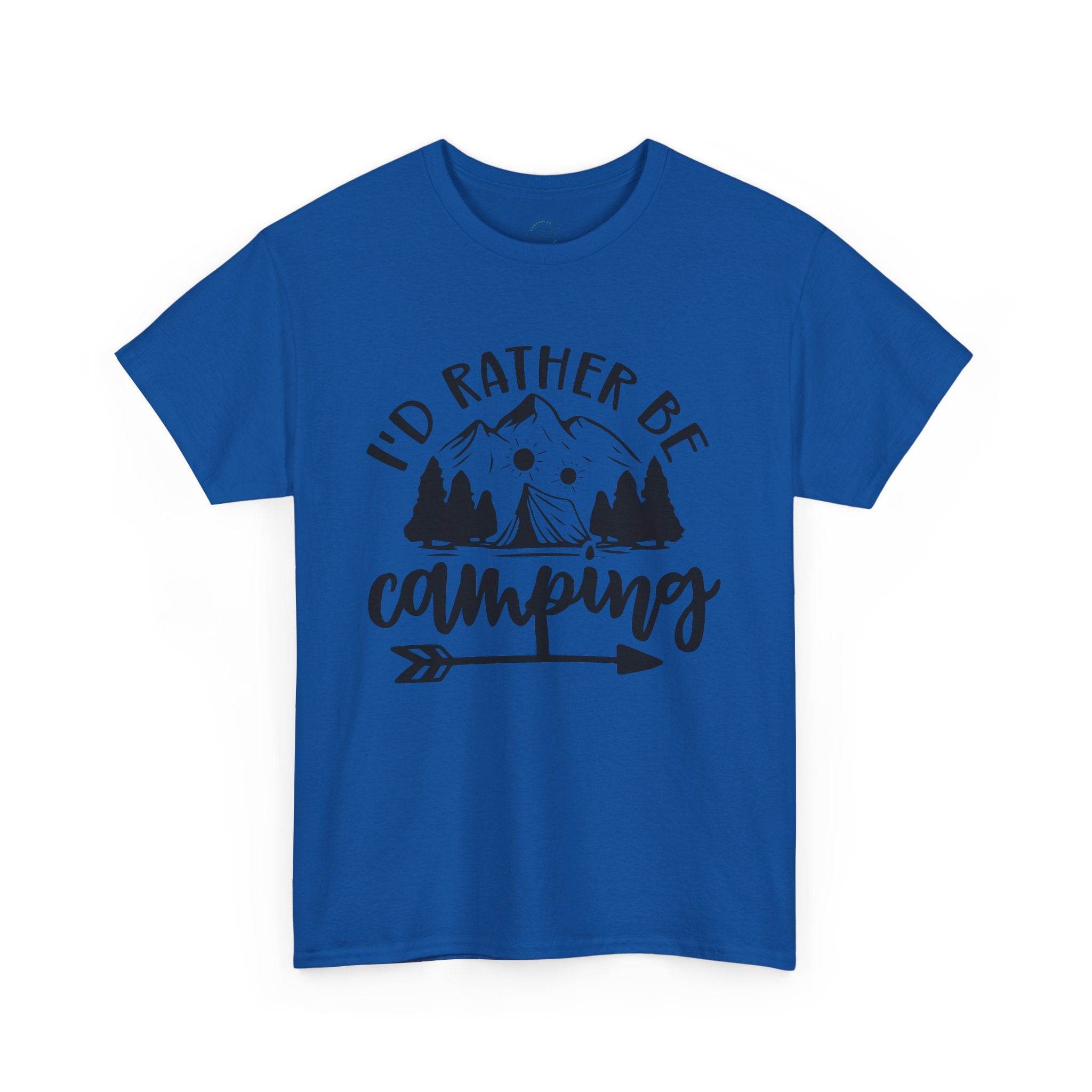 Printify blue crew neck eco-friendly camping t-shirt with black mountain tent and trees graphic reading I would rather be camping
