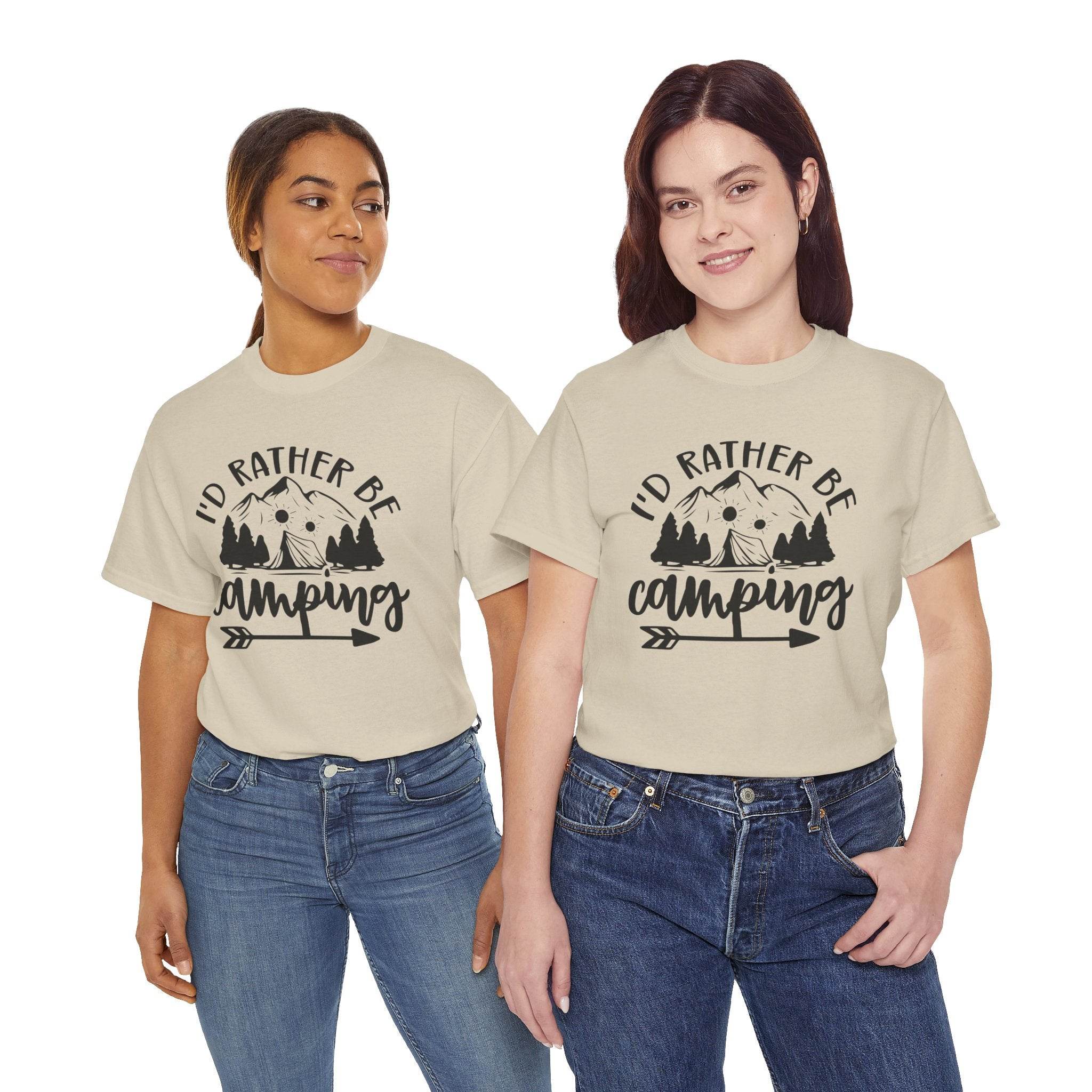 Printify eco-friendly camping t-shirt worn by two women beige graphic Id rather be camping mountain and trees design