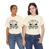 Printify womens eco-friendly camping t-shirt cream graphic Id rather be camping mountain and trees design for outdoor lovers
