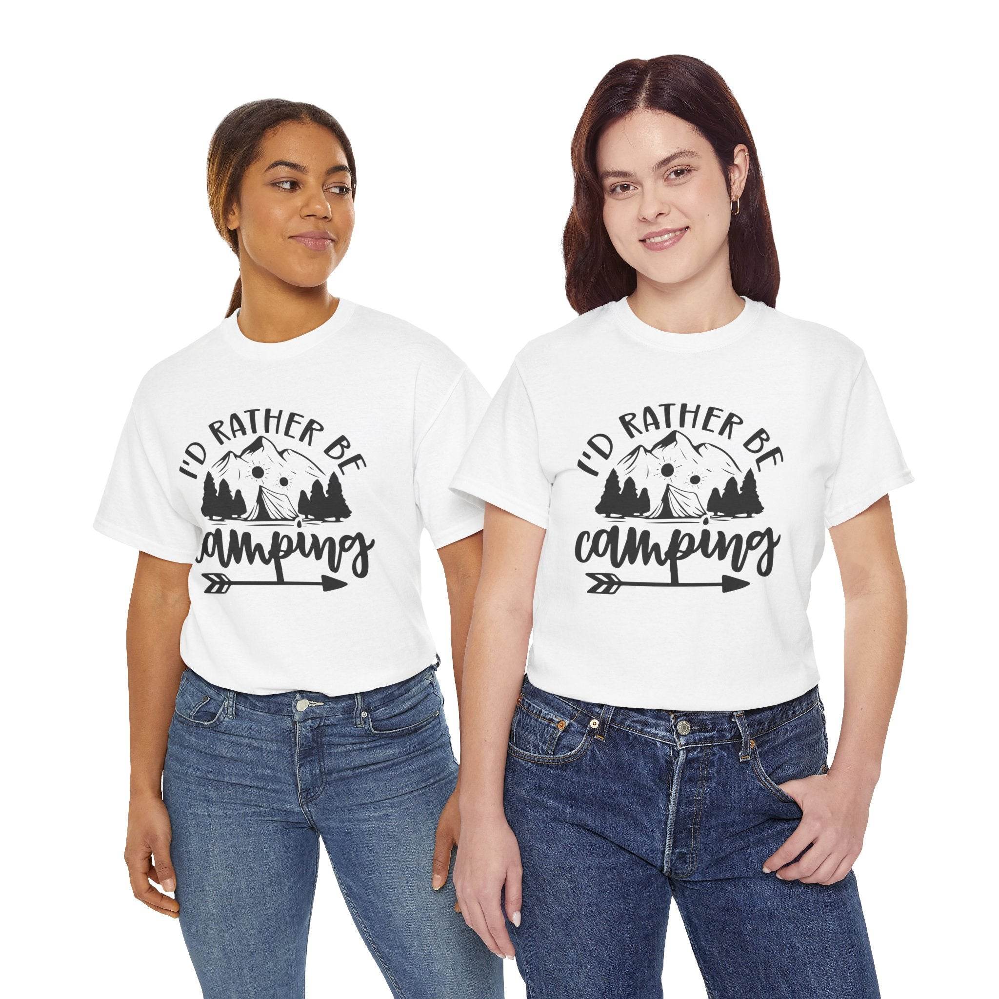 Printify eco-friendly camping t-shirt white with Id Rather Be Camping mountain and trees graphic worn by two women