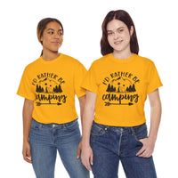 Two women modeling Printify yellow eco-friendly camping t-shirt featuring Id rather be camping mountain and trees graphic