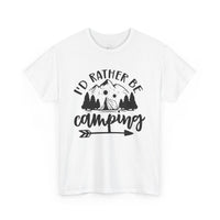 Printify white t shirt with black mountain and tent graphic Id rather be camping slogan eco-friendly camping t-shirt