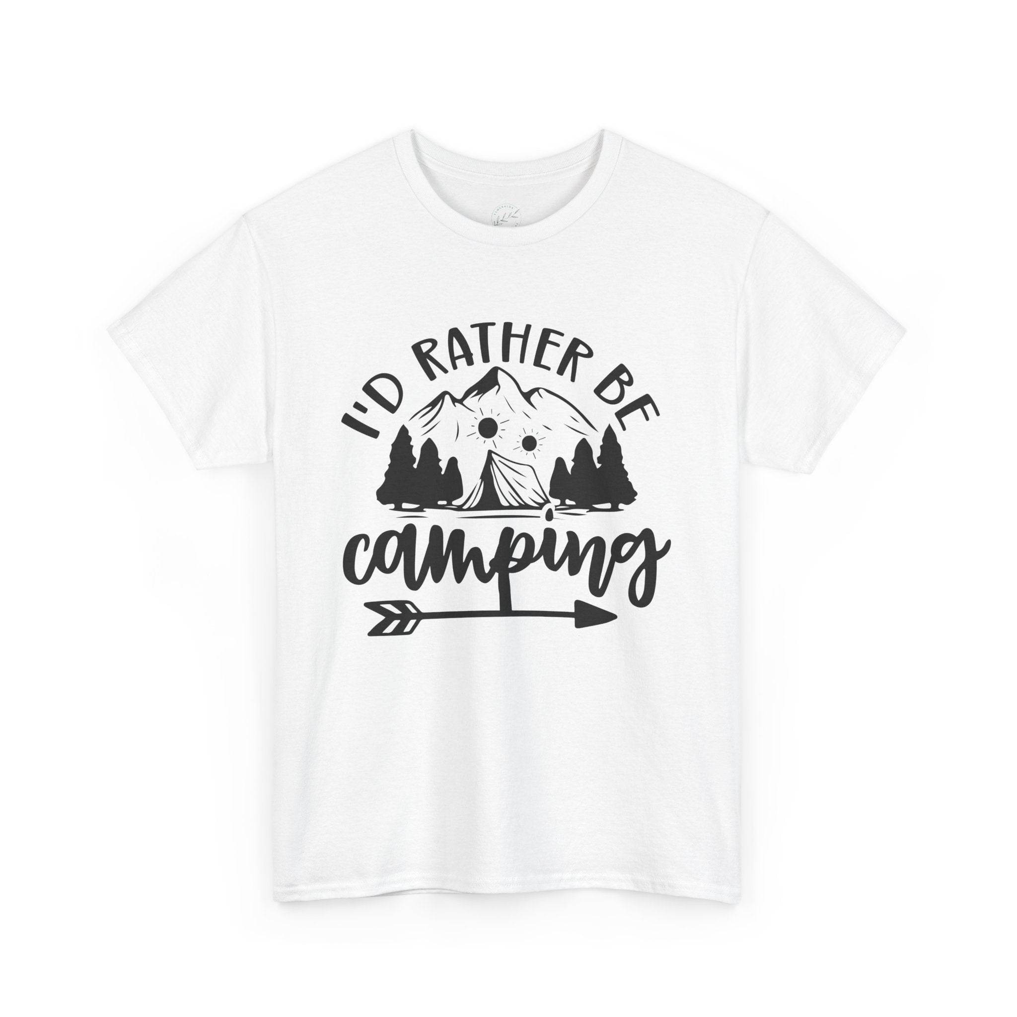 Printify white t shirt with black mountain and tent graphic Id rather be camping slogan eco-friendly camping t-shirt