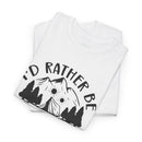 Printify eco-friendly camping t-shirt folded white tee with mountain trees and sun graphic saying I would rather be