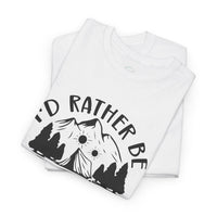Printify eco-friendly camping t-shirt folded white tee with mountain trees and sun graphic saying I would rather be